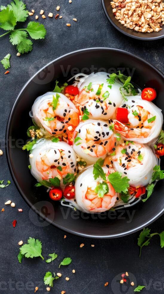 Shrimp salad in bowl. Cilantro and chili peppers add spice. Food photography background photo