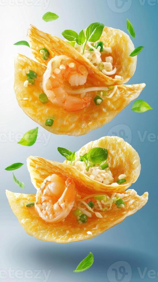 Shrimp snacks float in air. Fresh basil and greens add flavor on clean background, perfect food ad photo