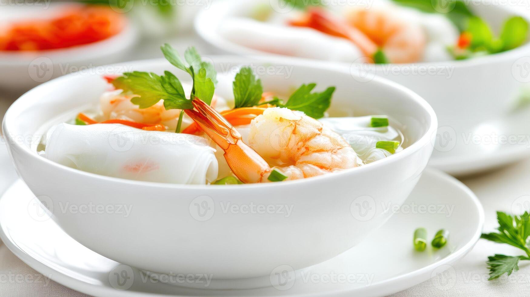 Shrimp soup in white bowl, garnish, served in light setting. Cookbook, restaurant use photo