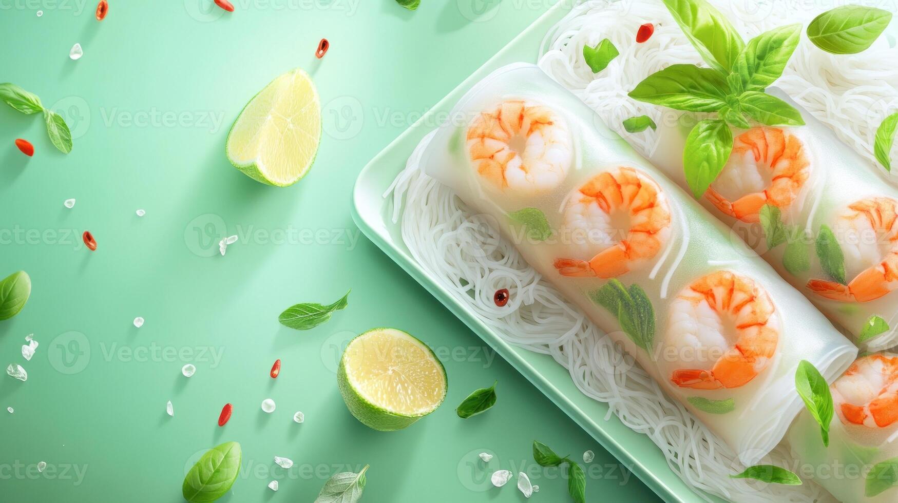 Shrimp spring rolls on plate with herbs and lime, displayed as an appetizer or light meal photo