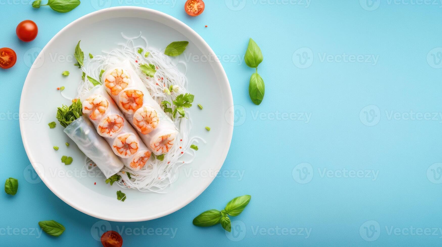 Shrimp spring rolls plate, served with basil on blue table gourmet lunch photo