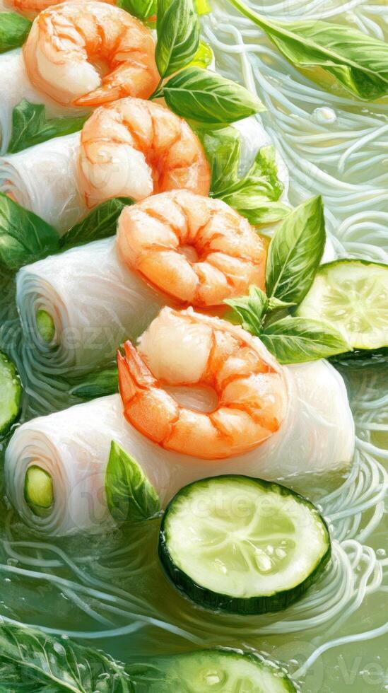 Shrimp spring rolls with fresh basil and cucumber on noodles. Use for healthy food promotion photo