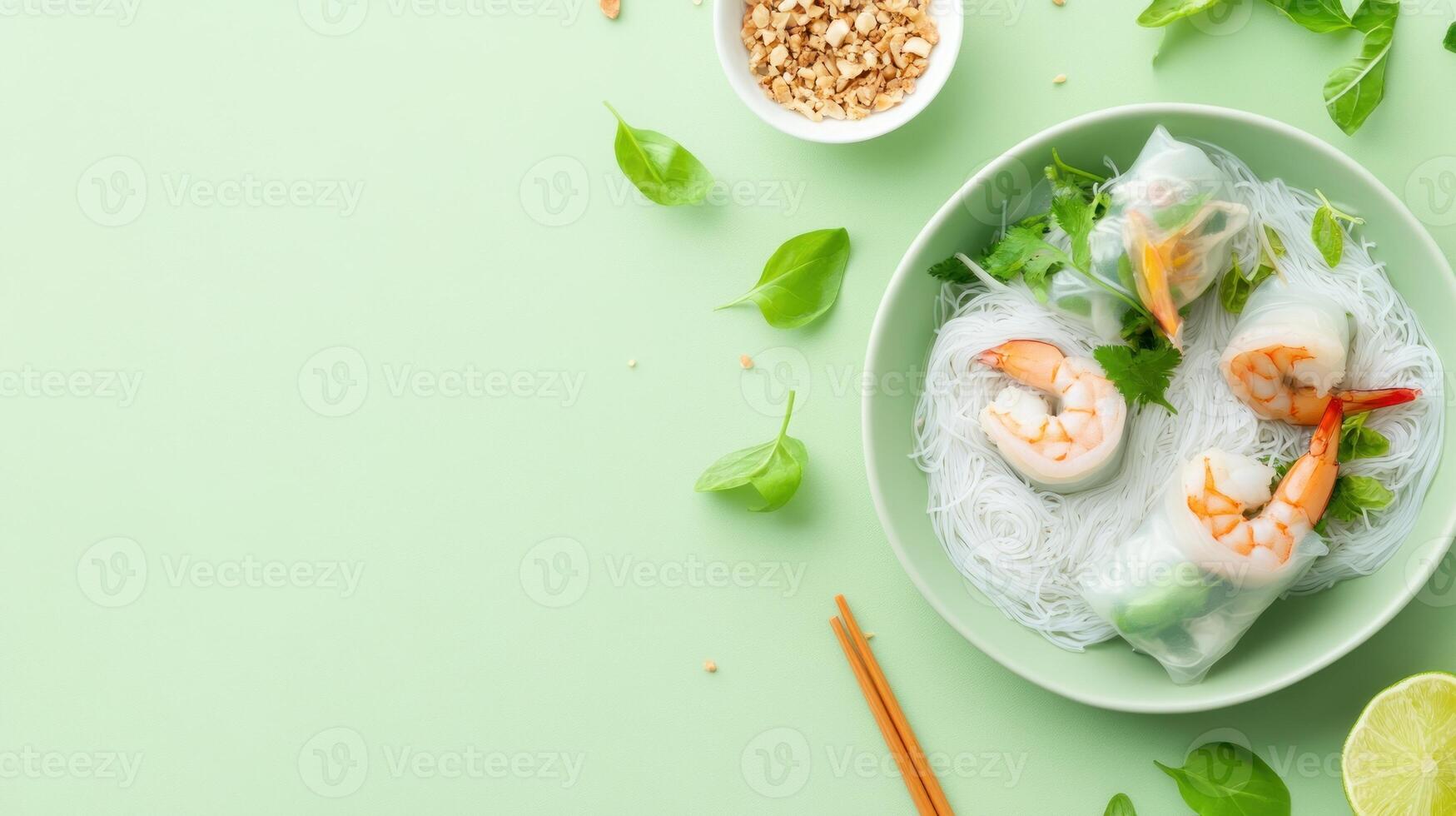 Shrimp spring rolls with vegetables on a green table served as healthy eating photo