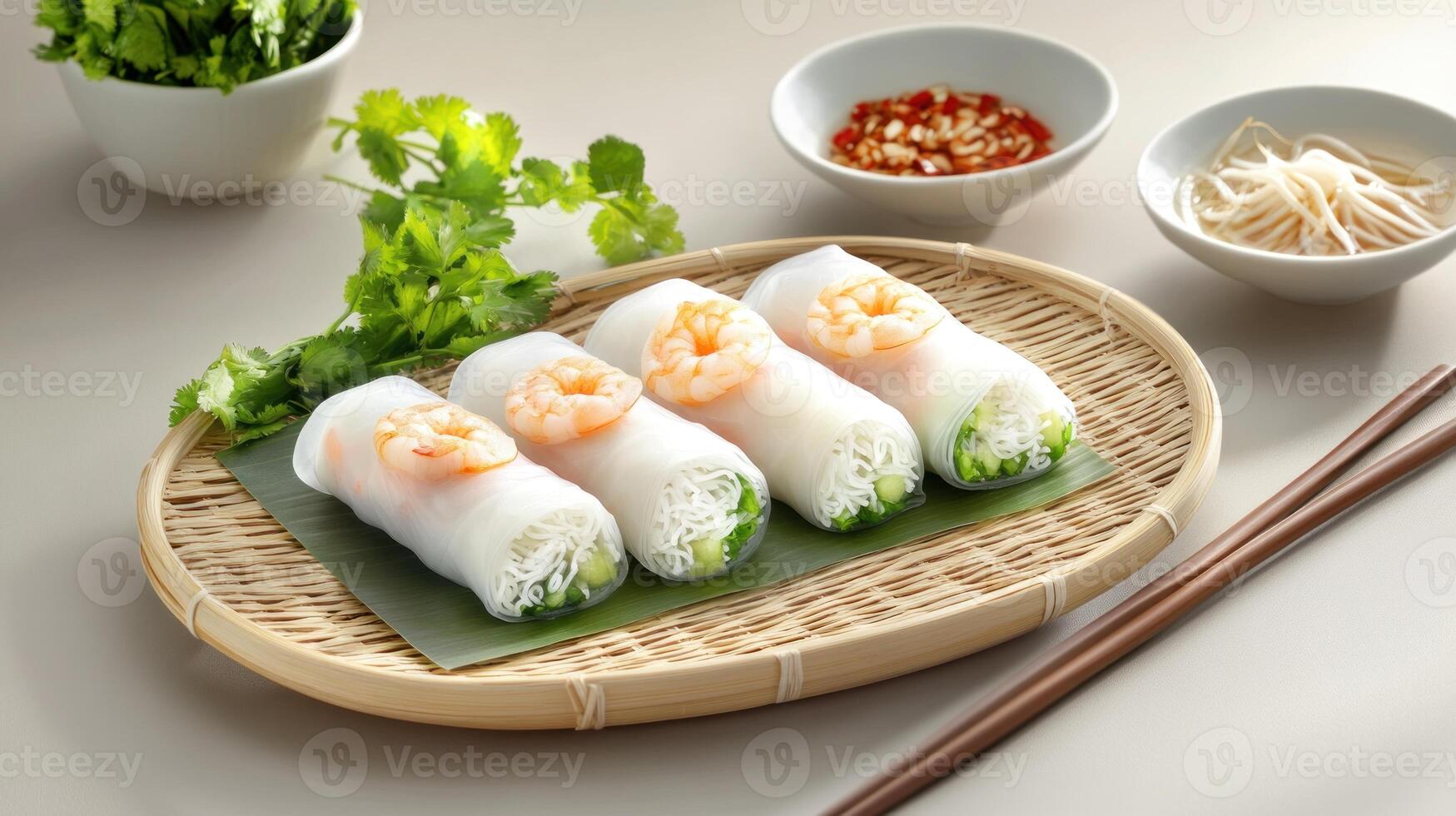 Shrimp summer rolls on platter with herbs and sauces in the background. Food photography photo