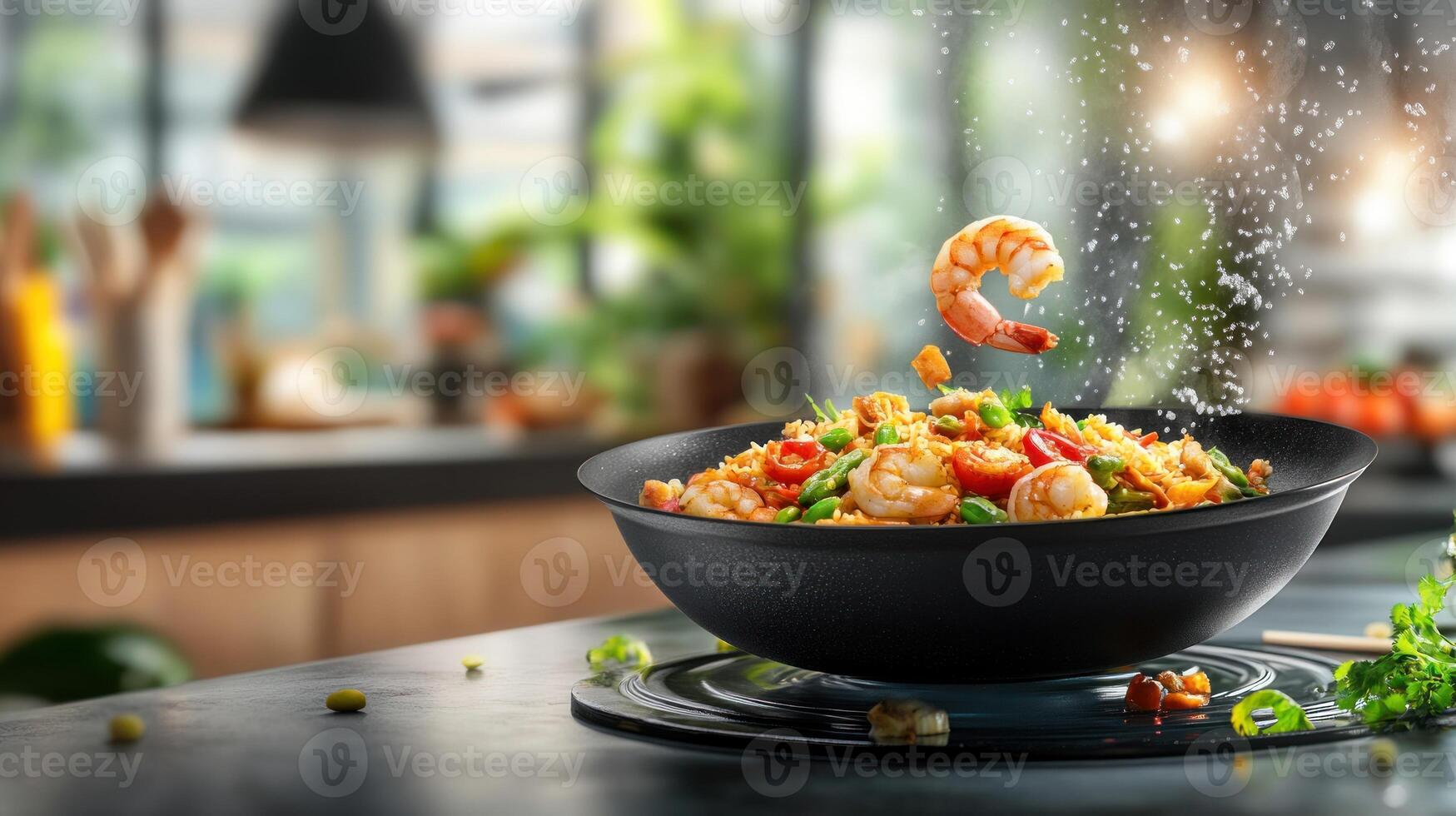 Shrimp stir-fry with rice and vegetables in modern kitchen setting with healthy ingredients photo