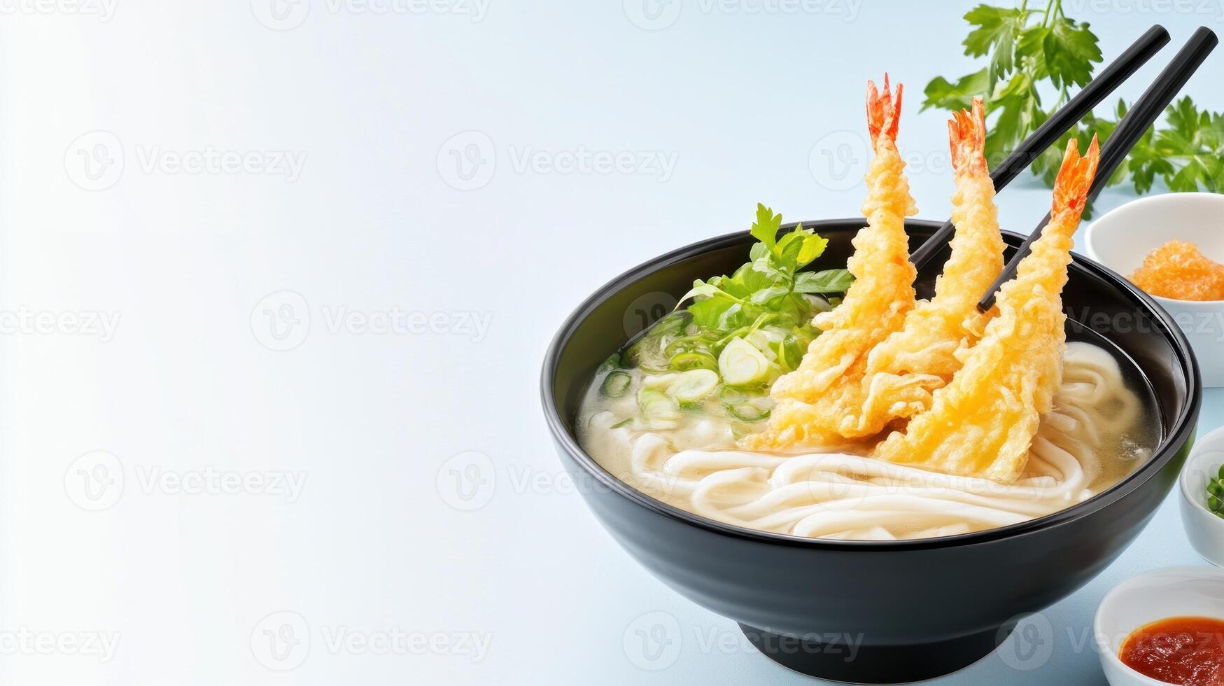 Shrimp tempura udon noodle soup served in black bowl with broth and herbs. Food photography photo
