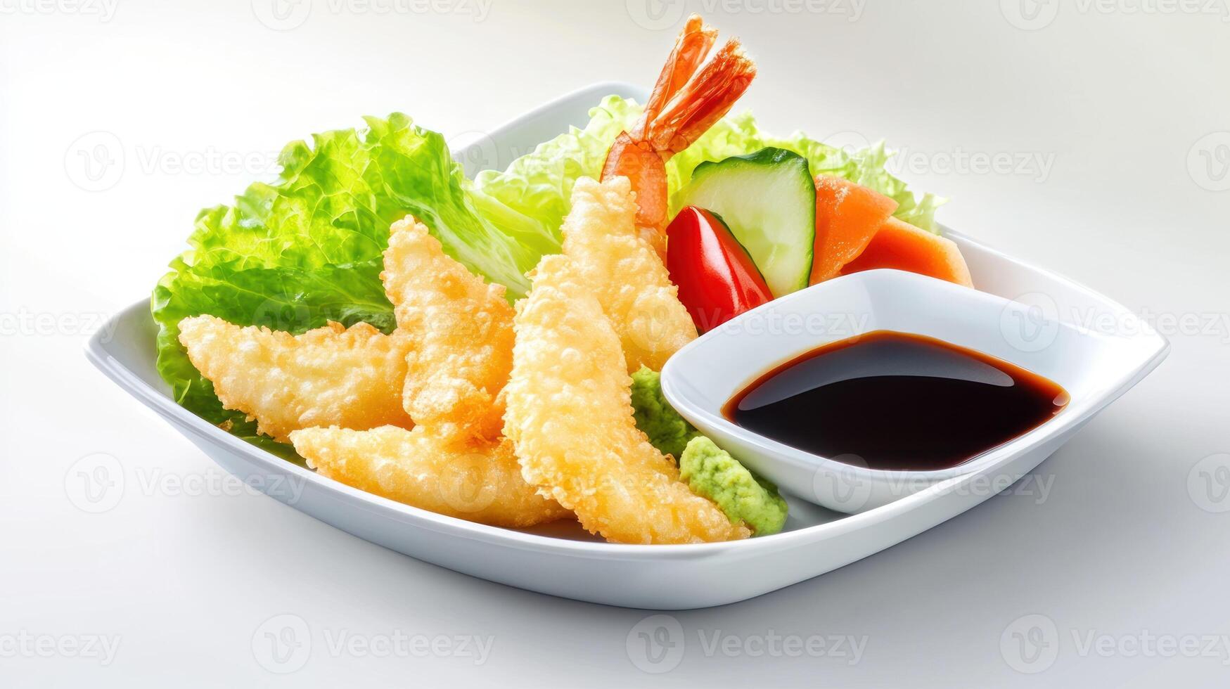 Shrimp tempura with salad, cucumber, carrot slices, and soy sauce. On white. Food photography photo