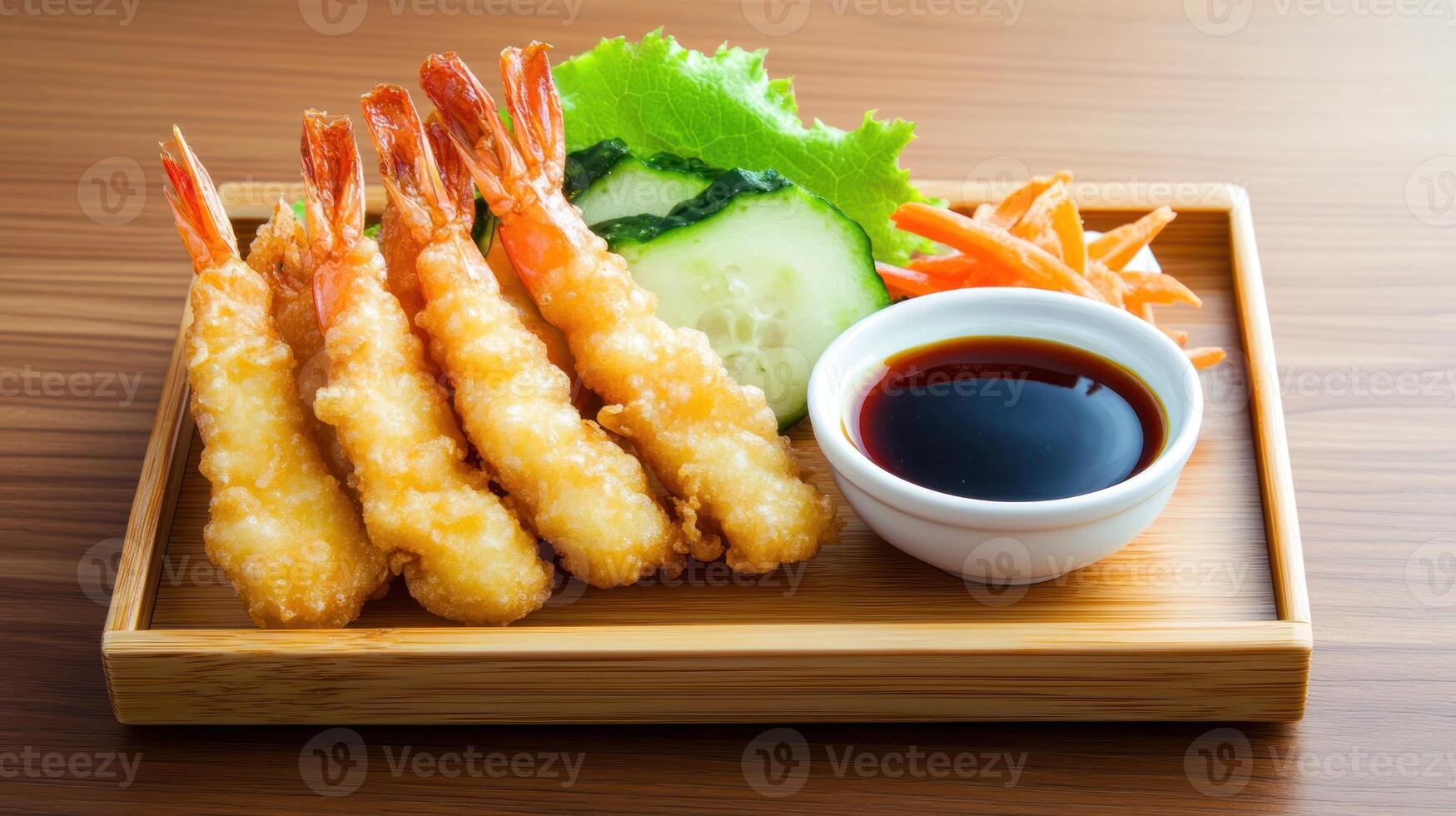Shrimp tempura platter with soy sauce dip served on bamboo tray. Restaurant menu idea photo