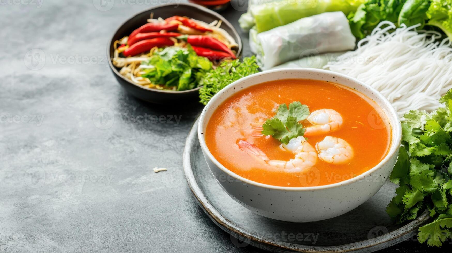 Shrimp Tom Yum soup served with noodles and spring rolls for cooking blogs and asian food menus photo