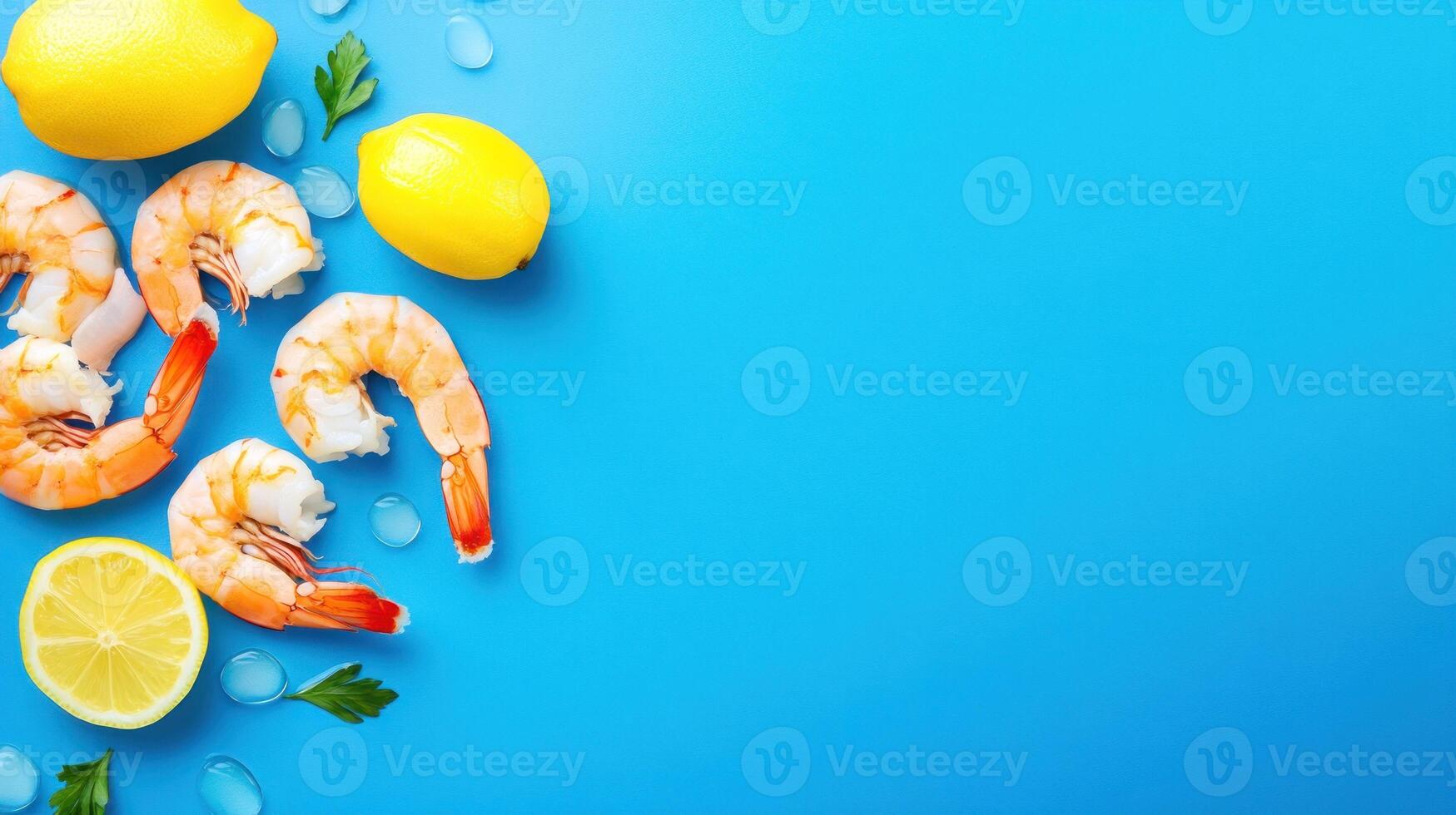 Shrimps and lemons on blue background. Seafood concept, can be used for restaurant menu design photo