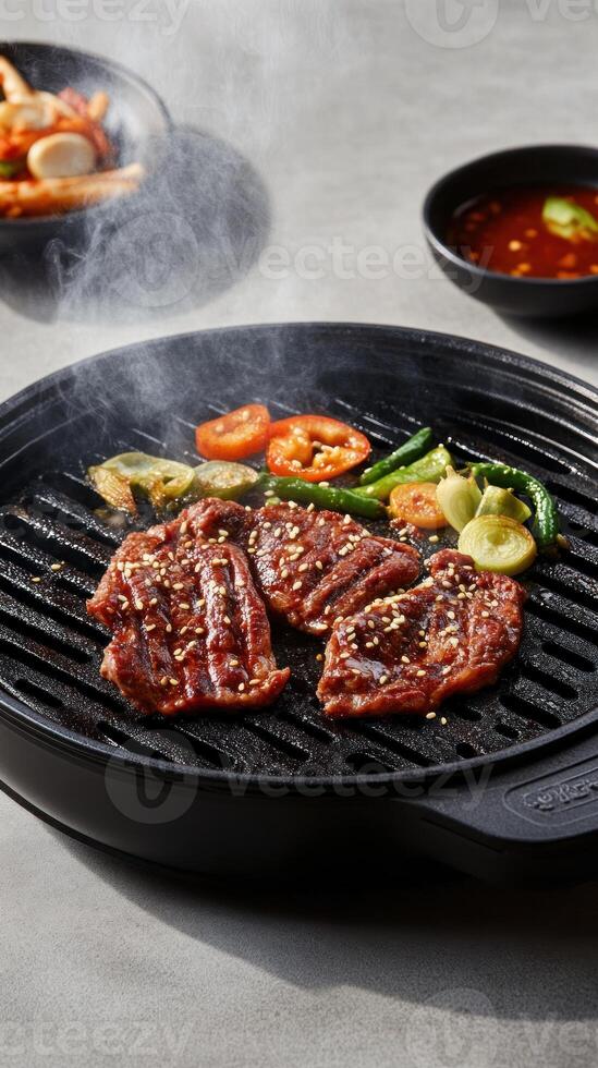 Sizzling beef grilling on pan with tomato green beans. Side dish with steam in background. Food blog photo