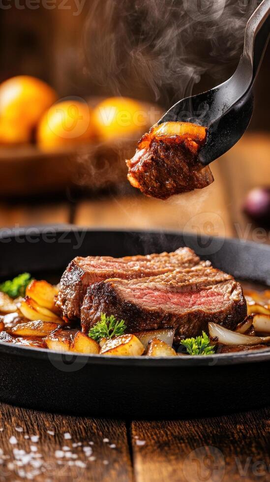 Sizzling steak being plated in a pan on wooden table, ready for dinner. For food blogs and websites photo