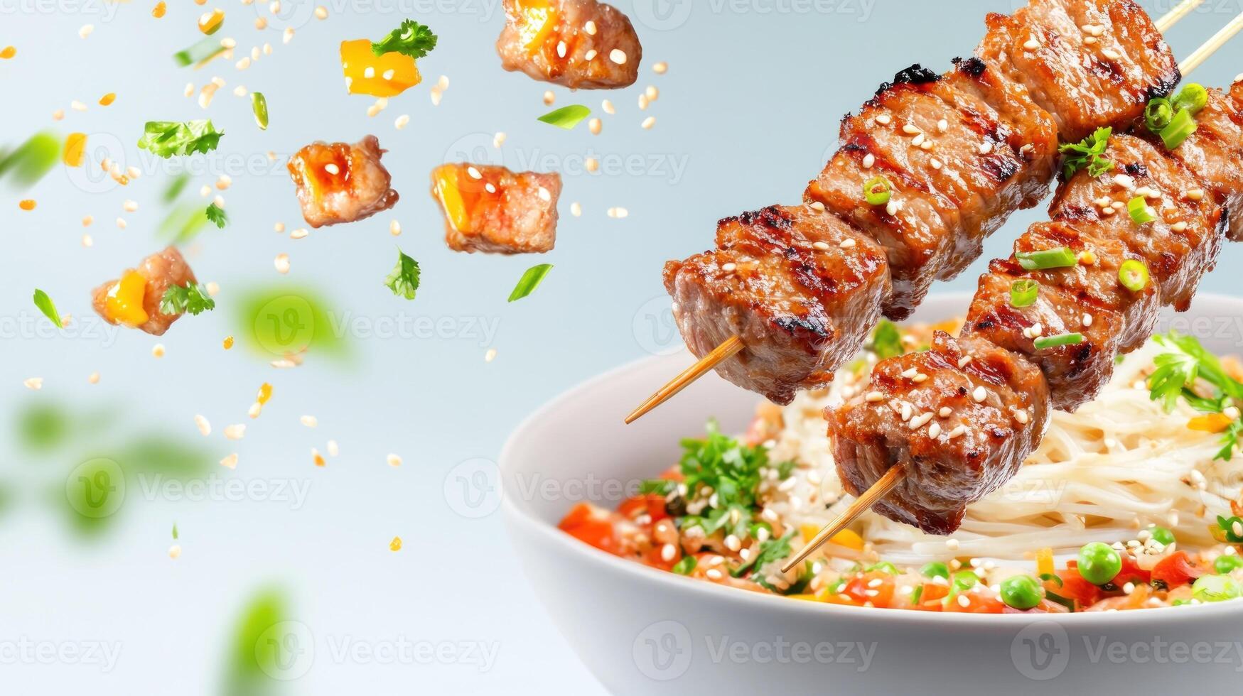 Skewered meat over noodles with vegetables in a bowl. Food advertisement photo