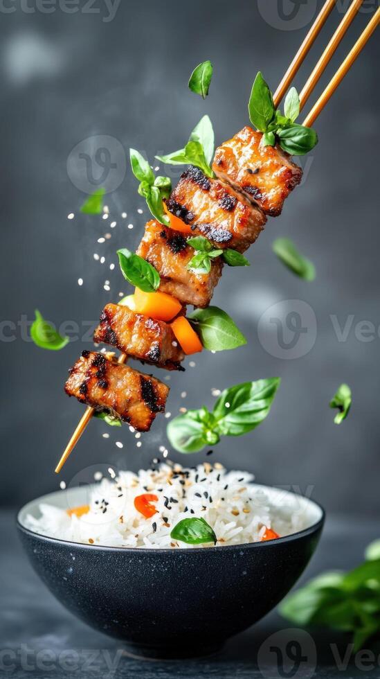 Skewered grilled beef with vegetables and rice, flying garnish, balanced for food blogs photo
