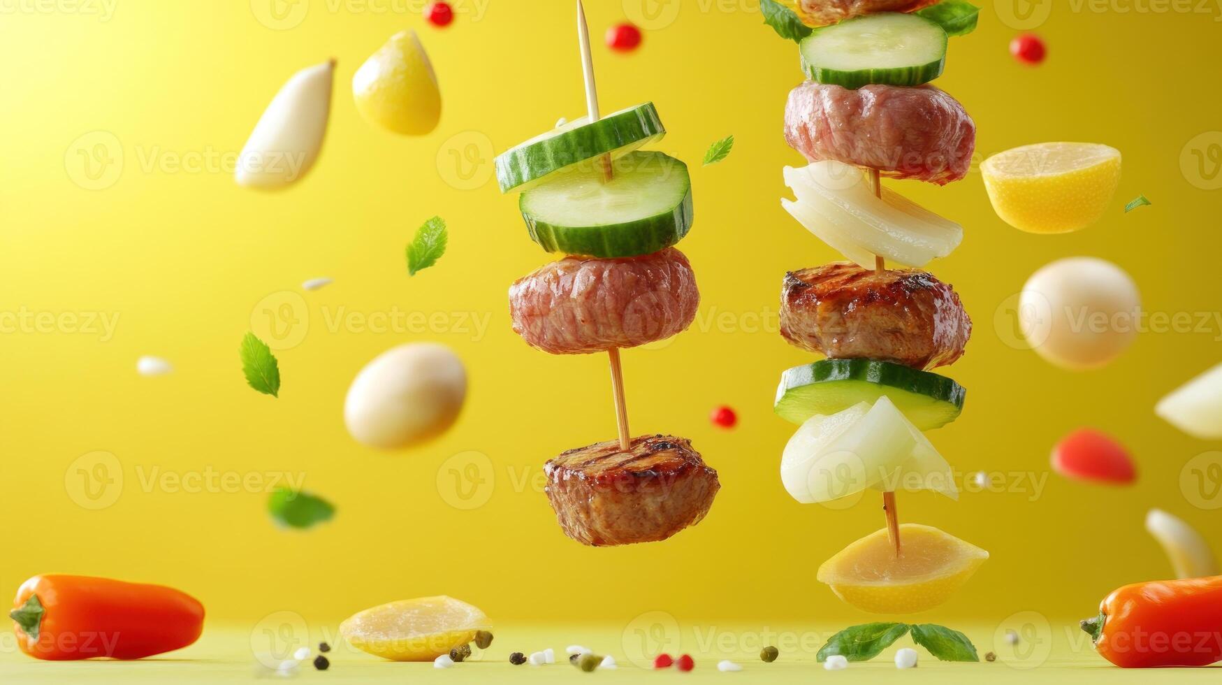Skewers of grilled meat and veggies floating against yellow background. Possible food photography photo