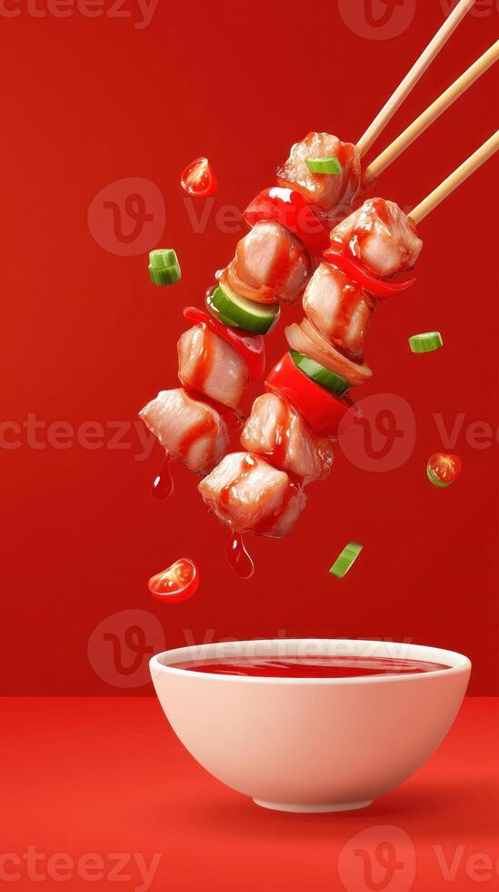Skewers of meat chunks and veggies with sauce above a bowl. Food advertising photo