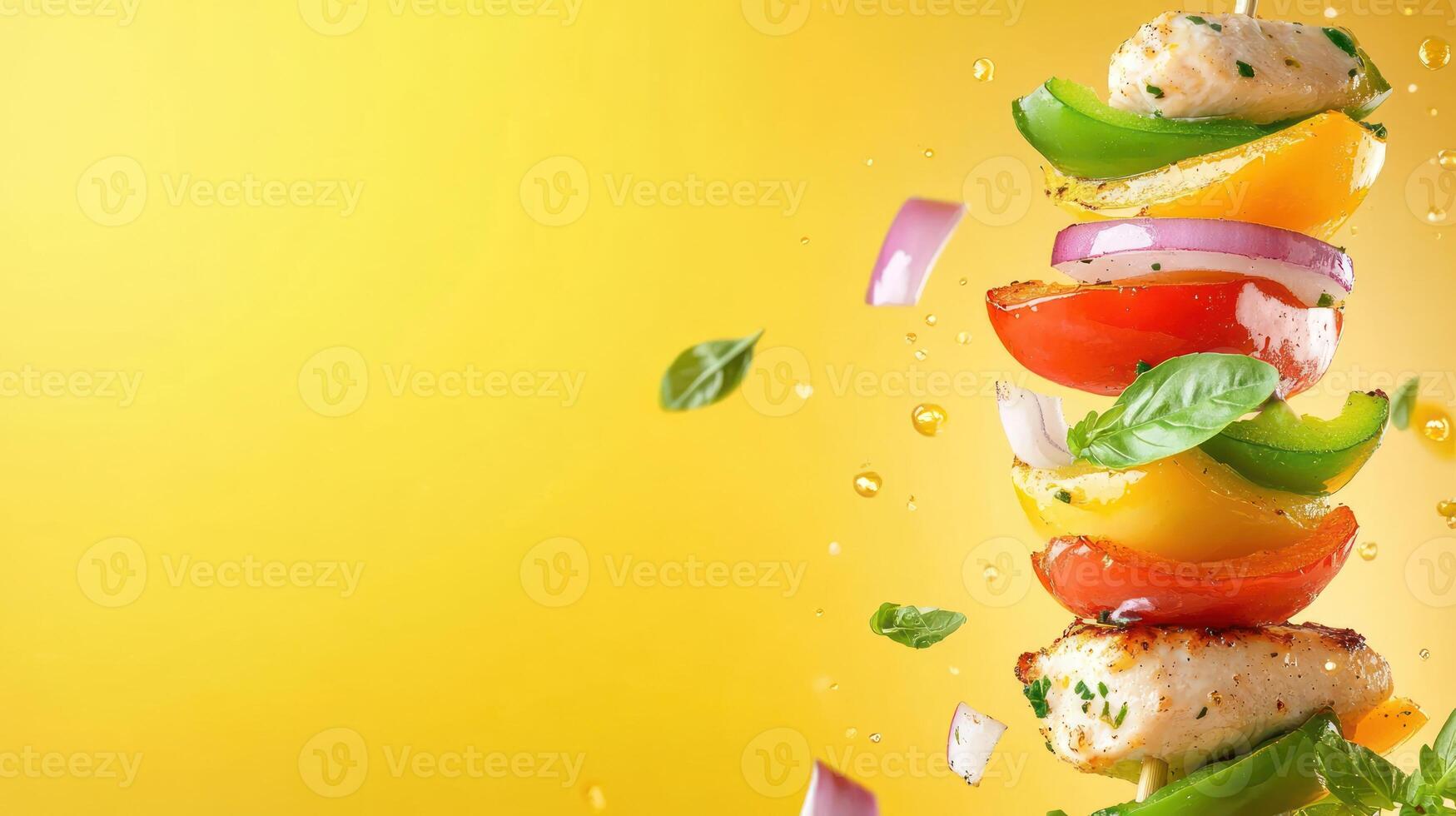 Skewered veggie and chicken kebab on a golden background for healthy eating photo