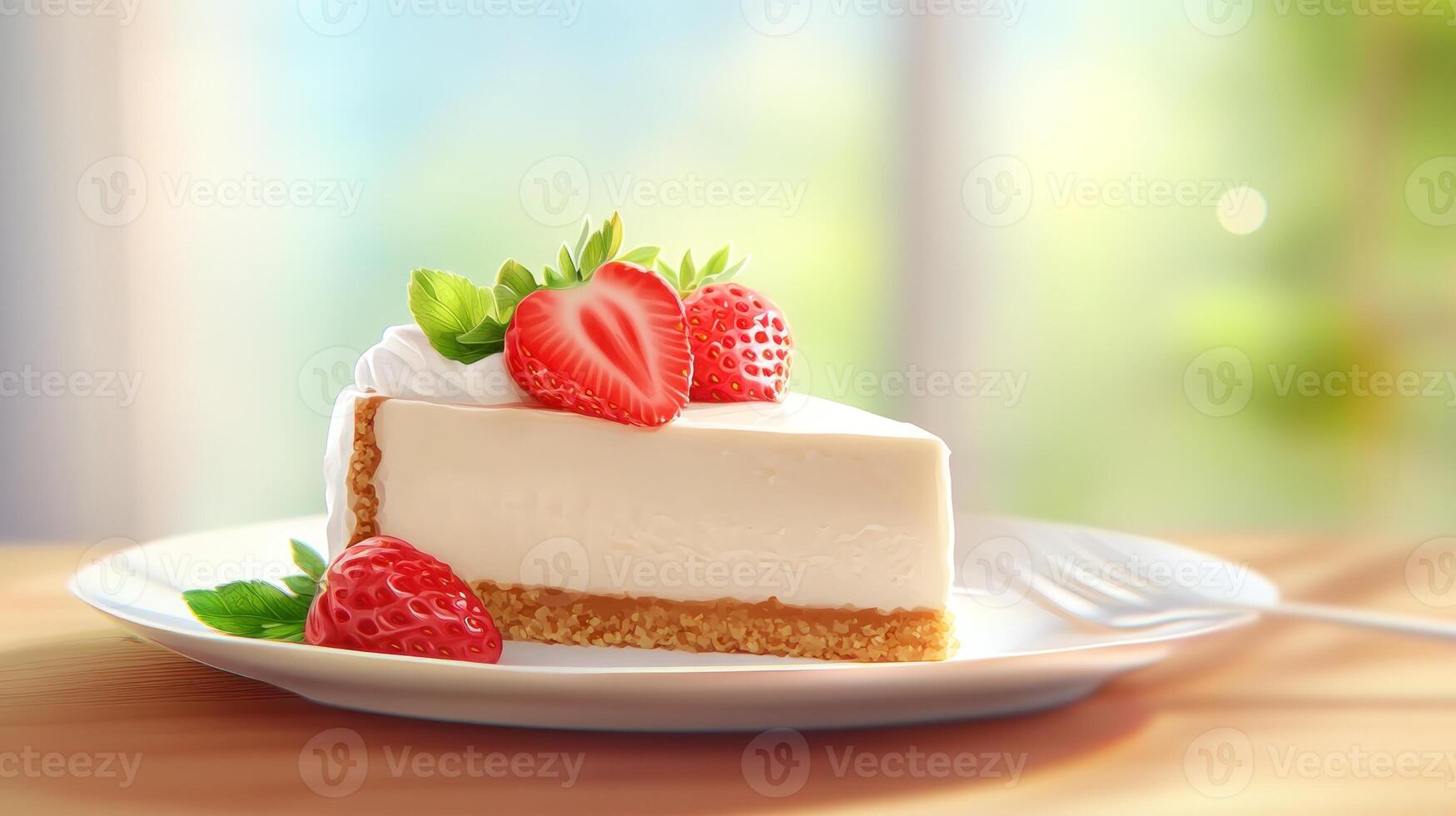 Slice of cheesecake with fresh strawberries on plate at table. Background is garden bokeh photo