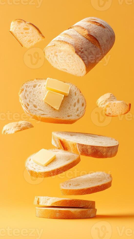 Sliced bread falling with butter on orange background for breakfast, meals or recipe images photo