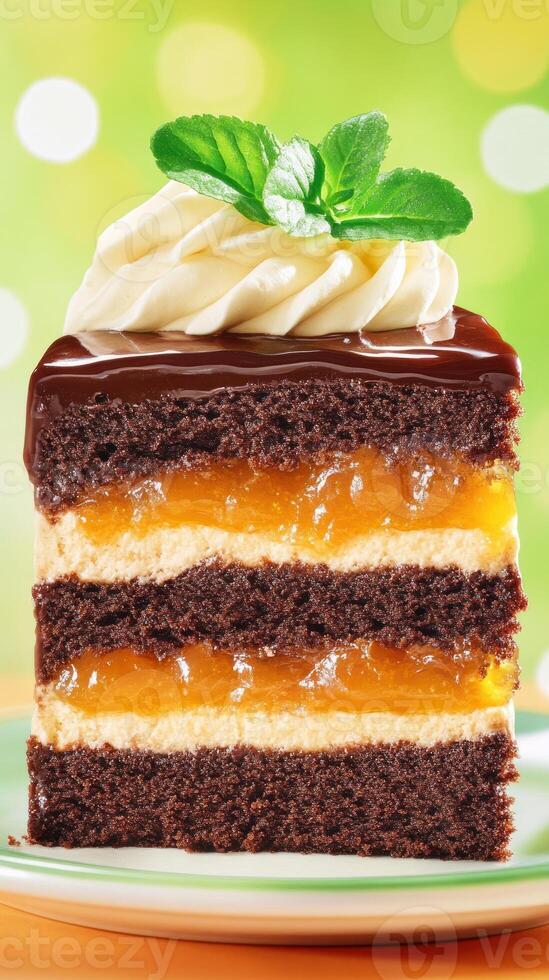 Slice of layered cake with filling topped with cream and mint on plate with bokeh background photo