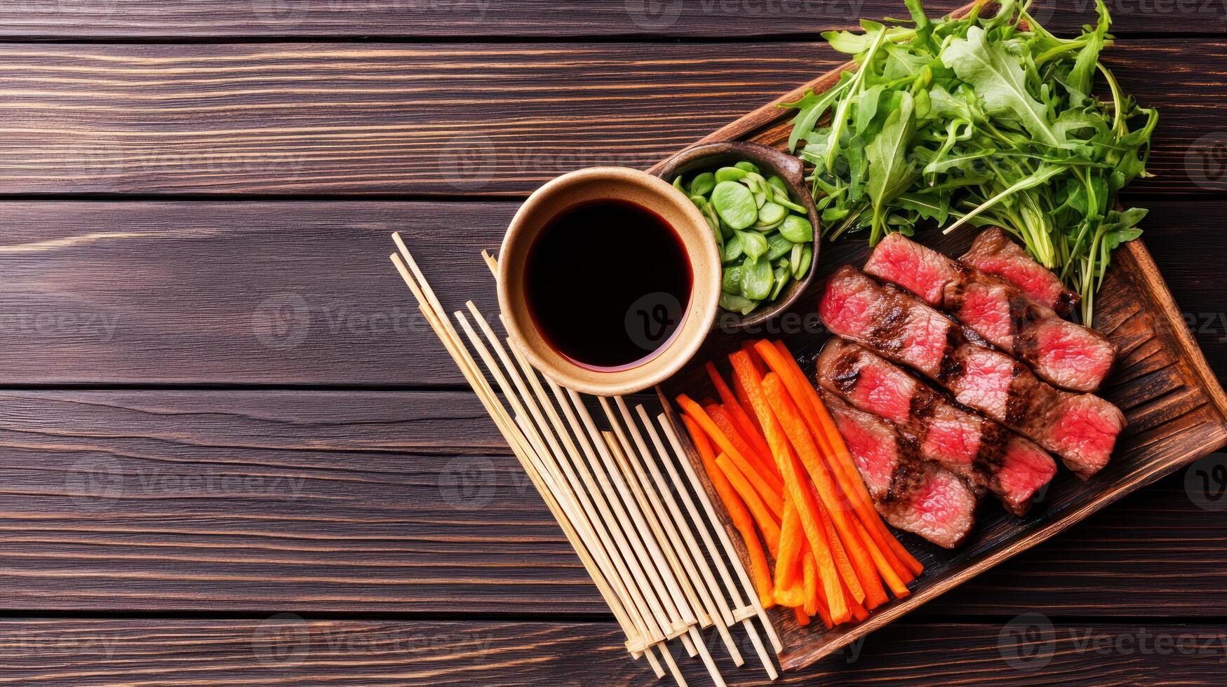 Sliced beef steak, served with arugula, carrots, and sauce on a wooden tray for culinary use photo