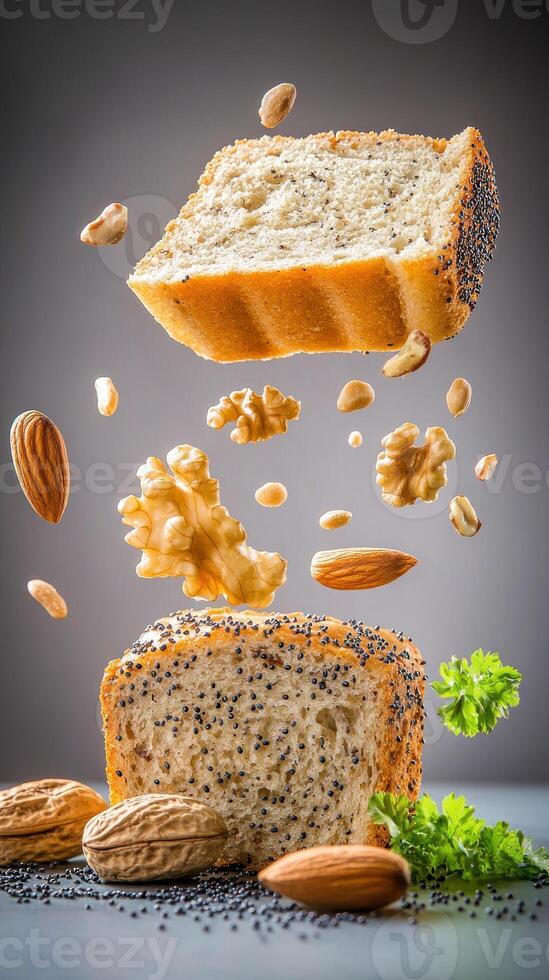 Sliced bread with nuts levitating above a gray surface. Display image for cooking recipes photo