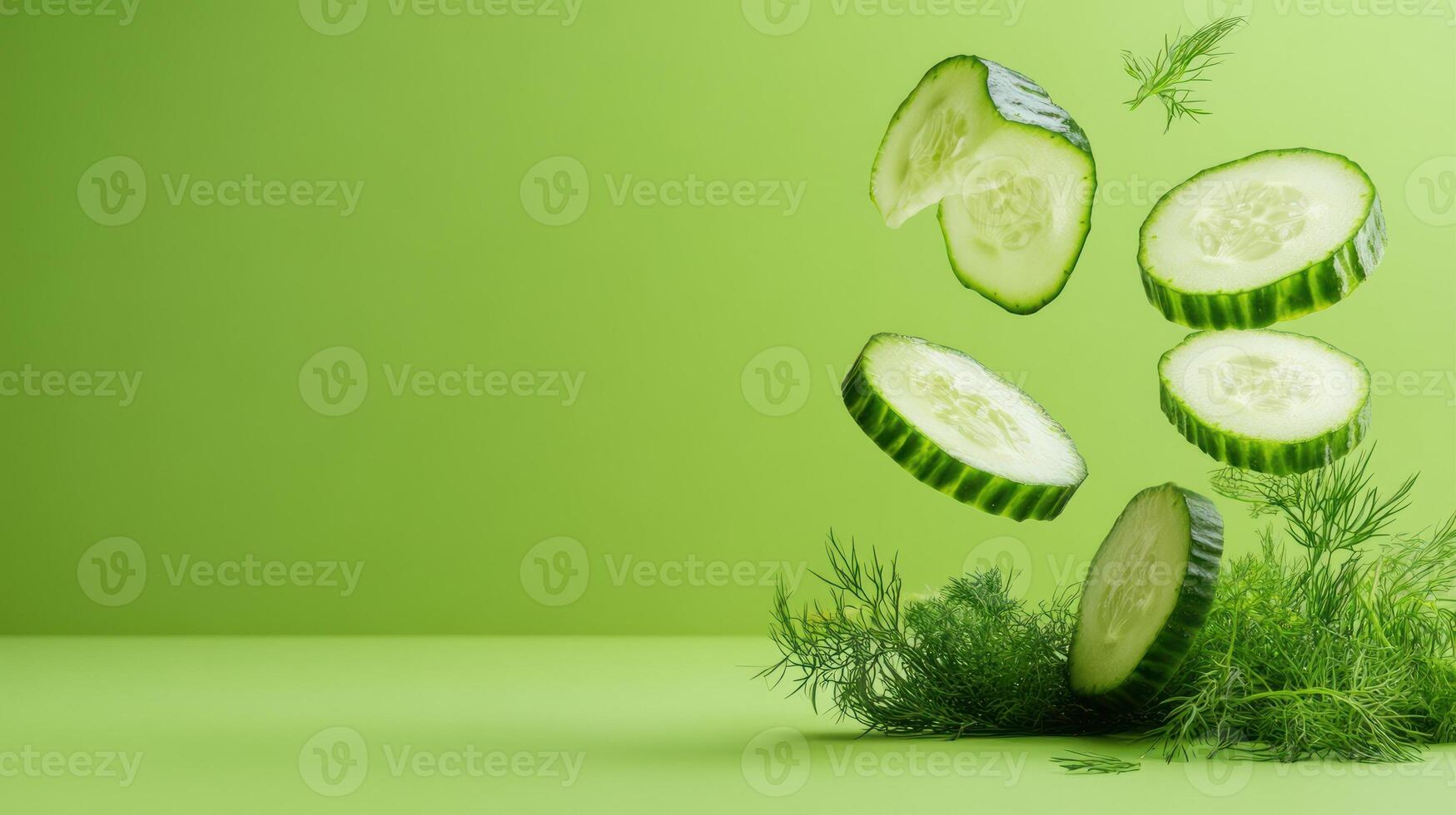 Sliced cucumbers float above dill on a green background for salads or healthy eating visuals photo