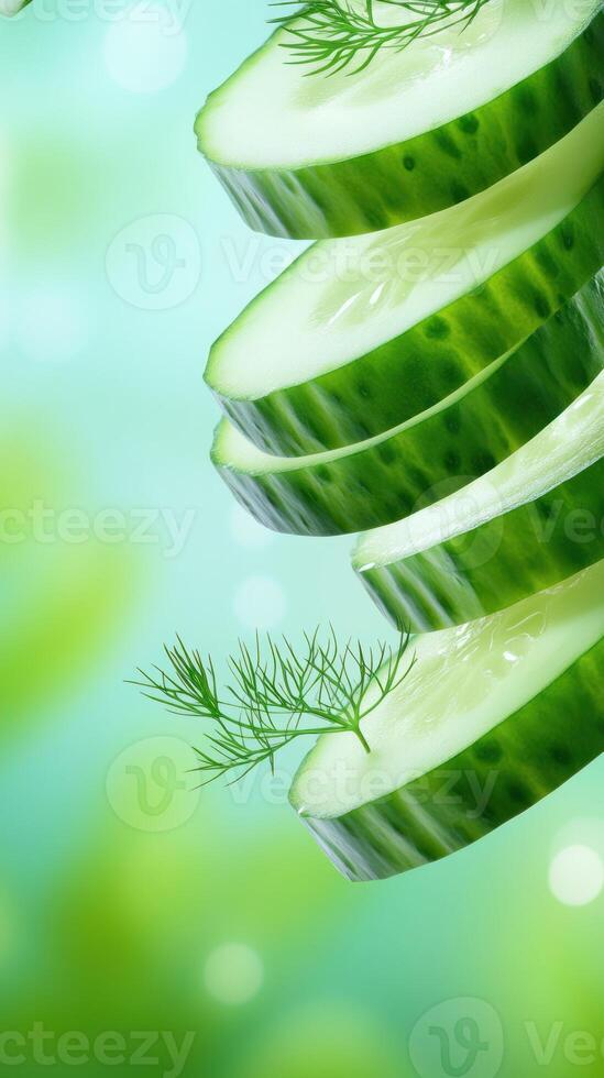 Sliced cucumber levitation on blurred background, healthy eating and fresh food concept photo