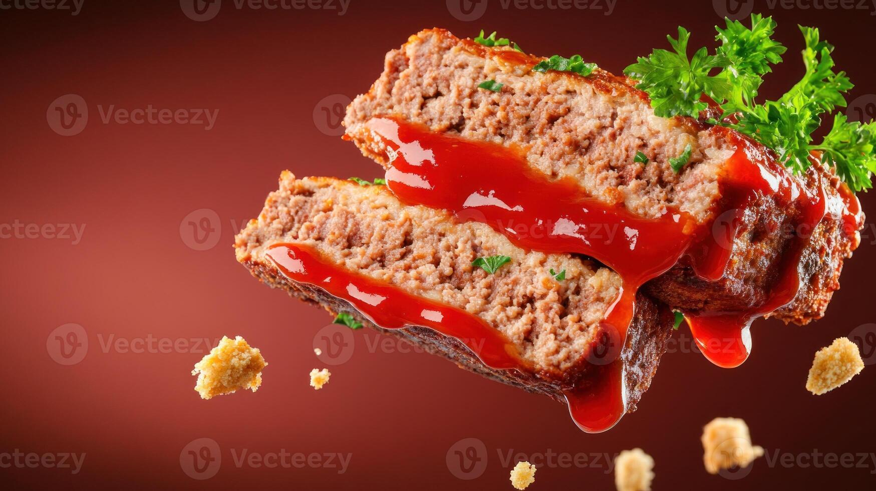 Sliced meatloaf with ketchup and parsley garnish on a brown background. Culinary use photo