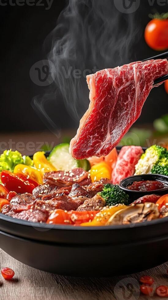 Sliced meat is held over a colorful bibimbap dish with steam, tomatoes greens as background photo