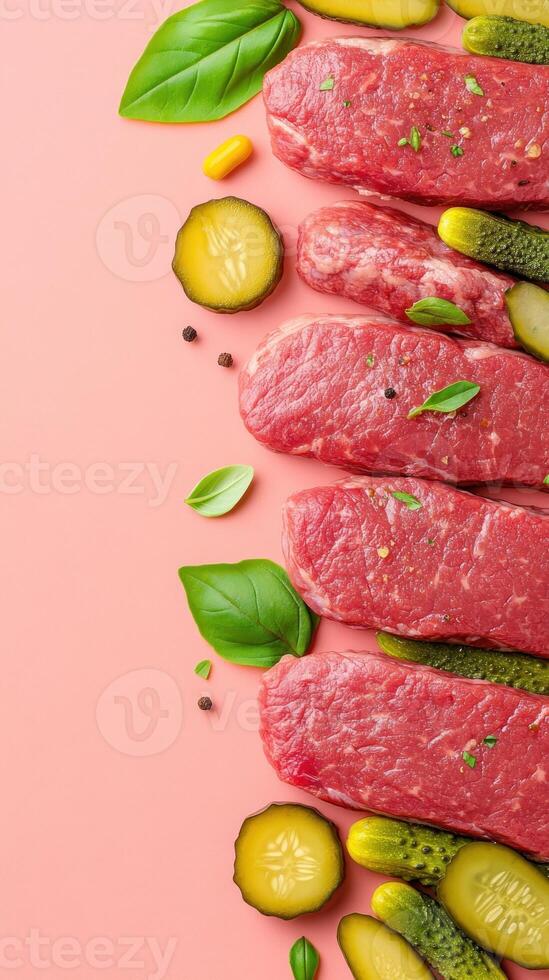 Sliced meat alongside pickles basil on pastel surface for grilling or a recipe advert photo