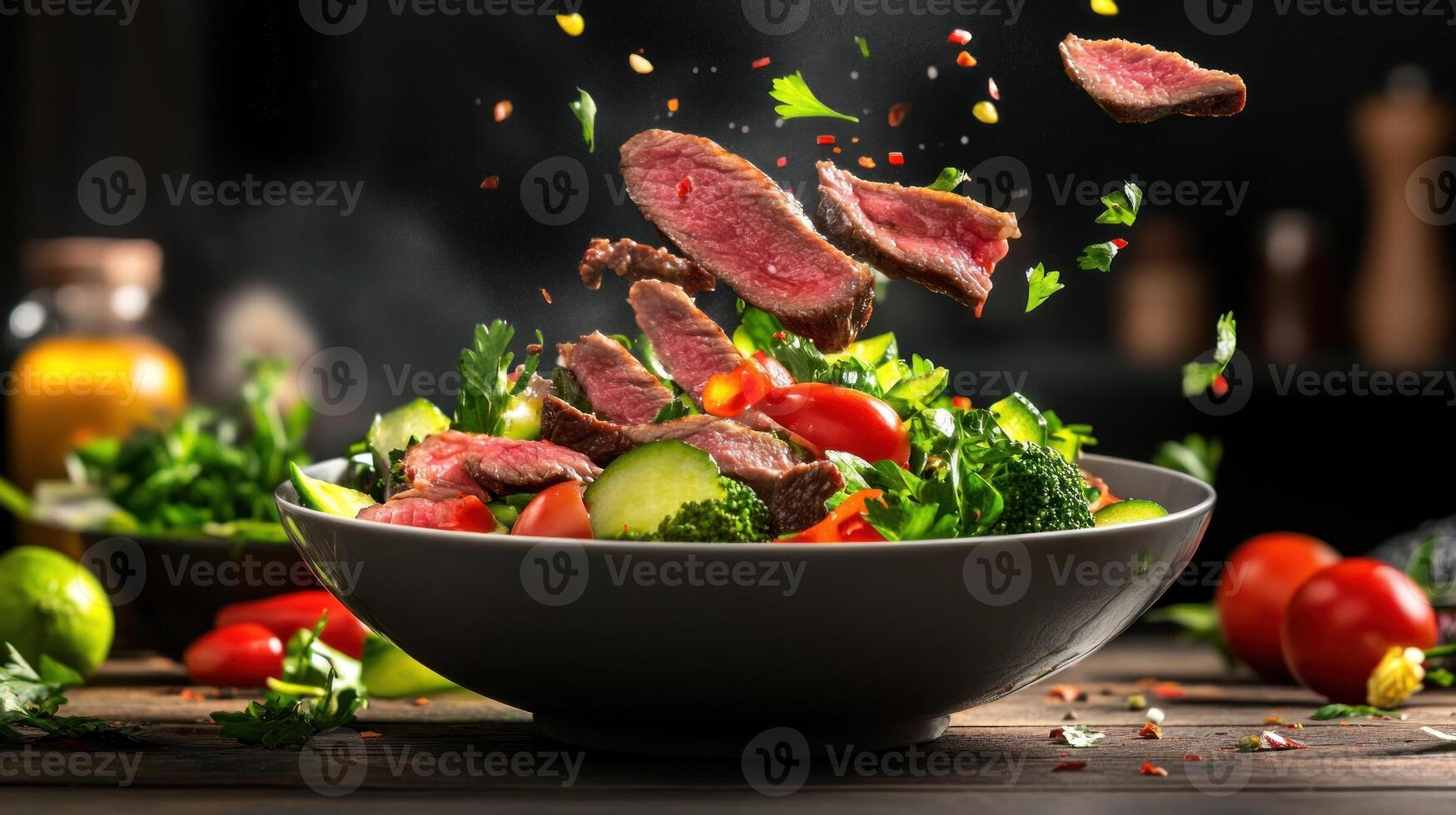Sliced steak falling into salad bowl on wood table, preparing a healthy meal in the kitchen photo