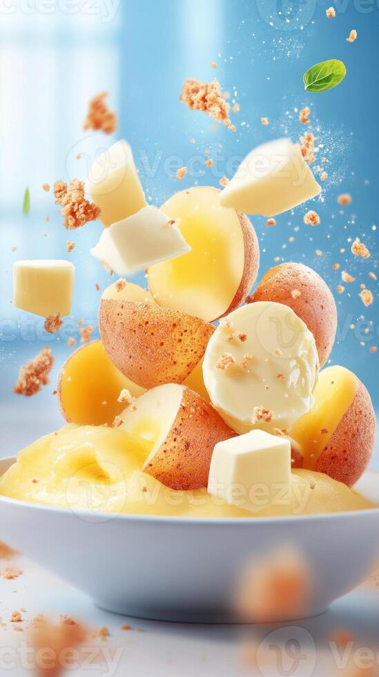 Sliced potato with butter falling into mashed potatoes in a bowl for cooking inspiration photo