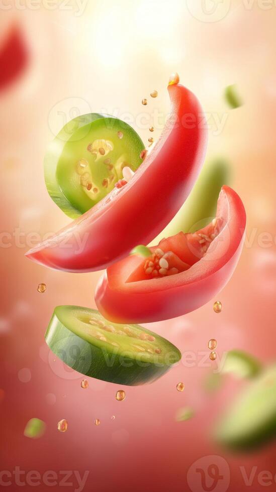 Sliced red and green peppers floating in the air on a gradient color background. Food photography photo