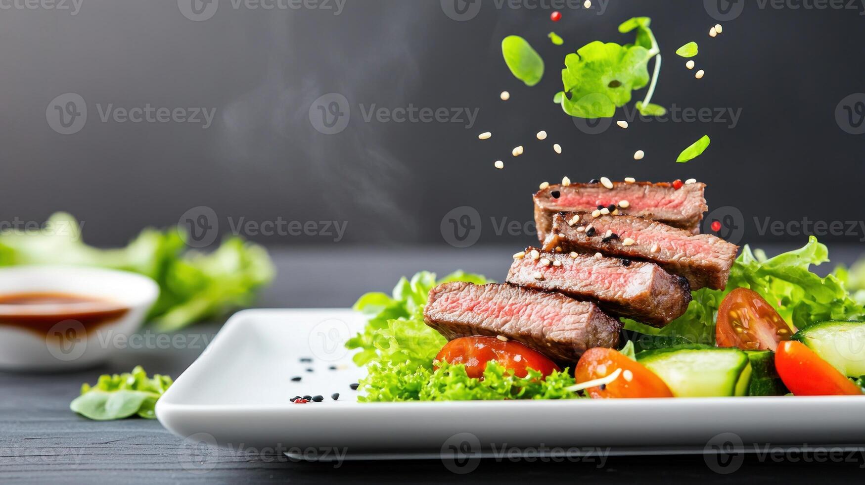 Sliced steak meal with salad, flying garnish, on a white plate for lunch or dinner photo