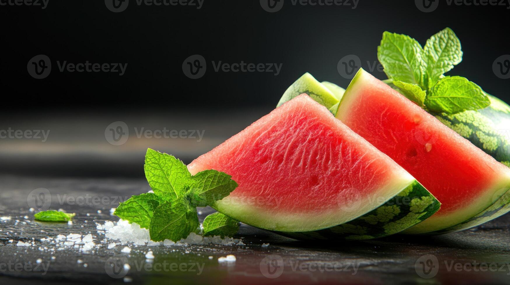 Sliced watermelon with mint on a dark table. Food concept for summer refreshment photo