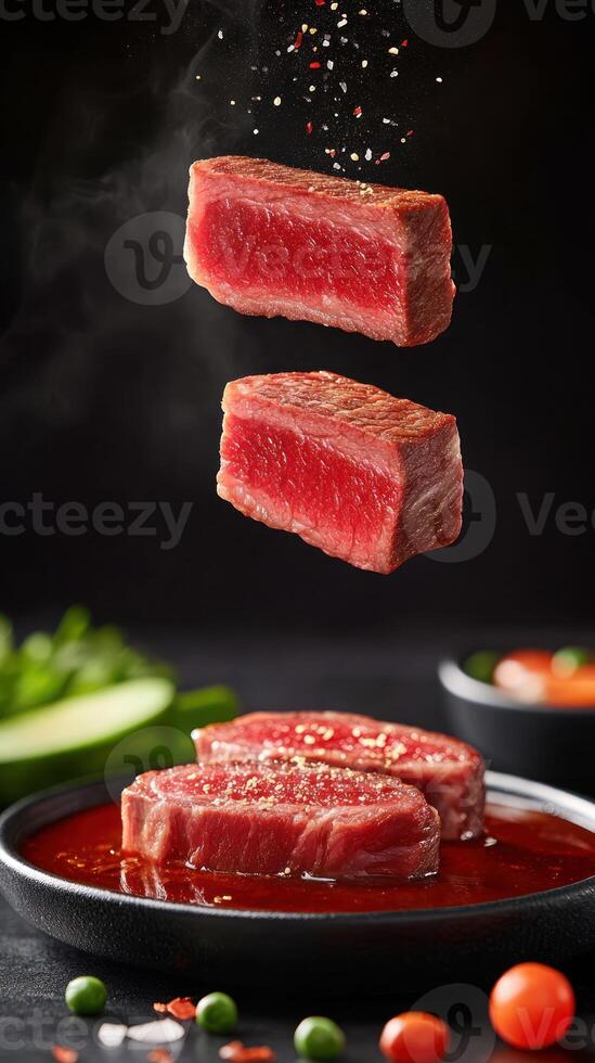 Sliced steak levitates over a dish with garnish. Restaurant menu image photo