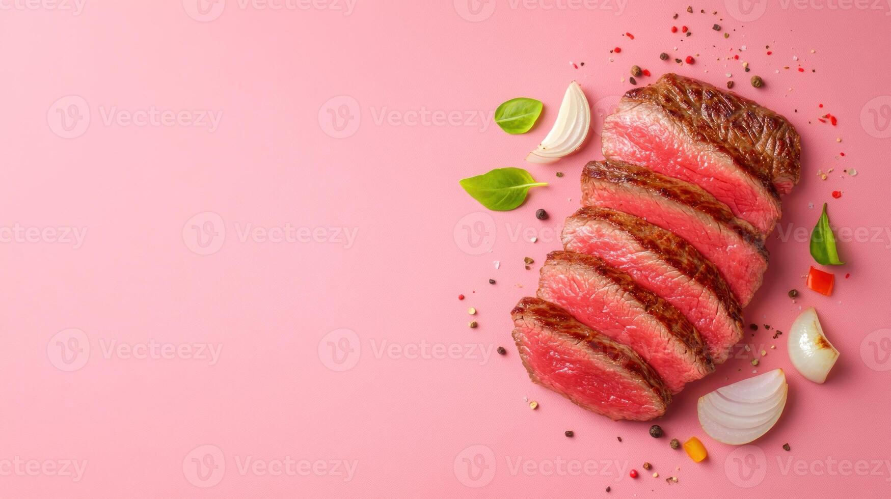 Sliced steak on pink. Perfect for food blog post or advertisement, studio shot of meat dish photo