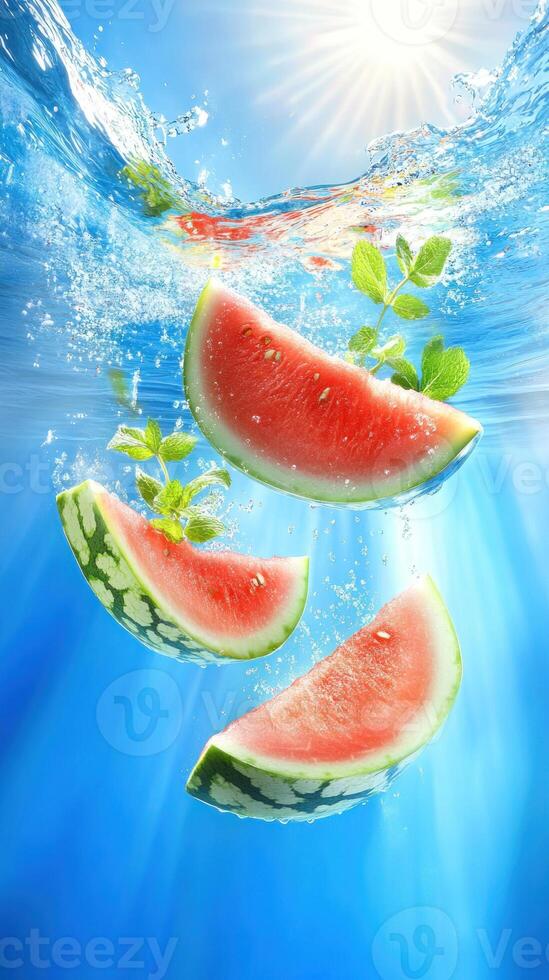 Sliced watermelon falling into clear water, creating refreshing summer vibe for food or drink ads photo