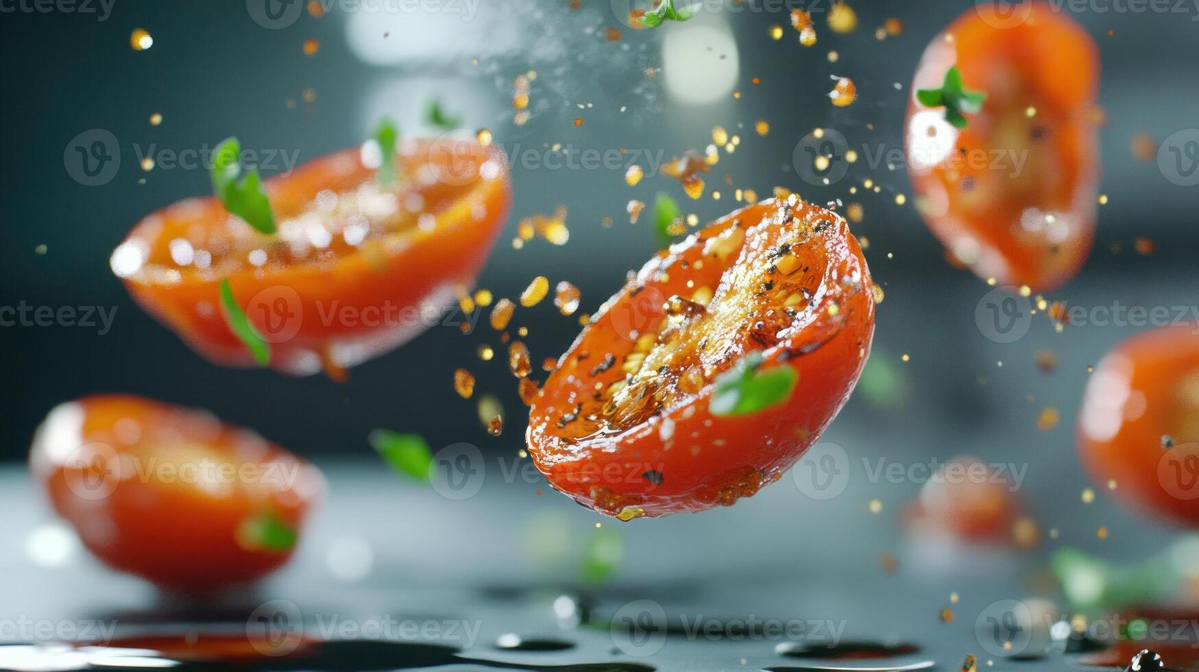 Sliced tomatoes with spices levitate on wet surface against dark background. Food photography use photo