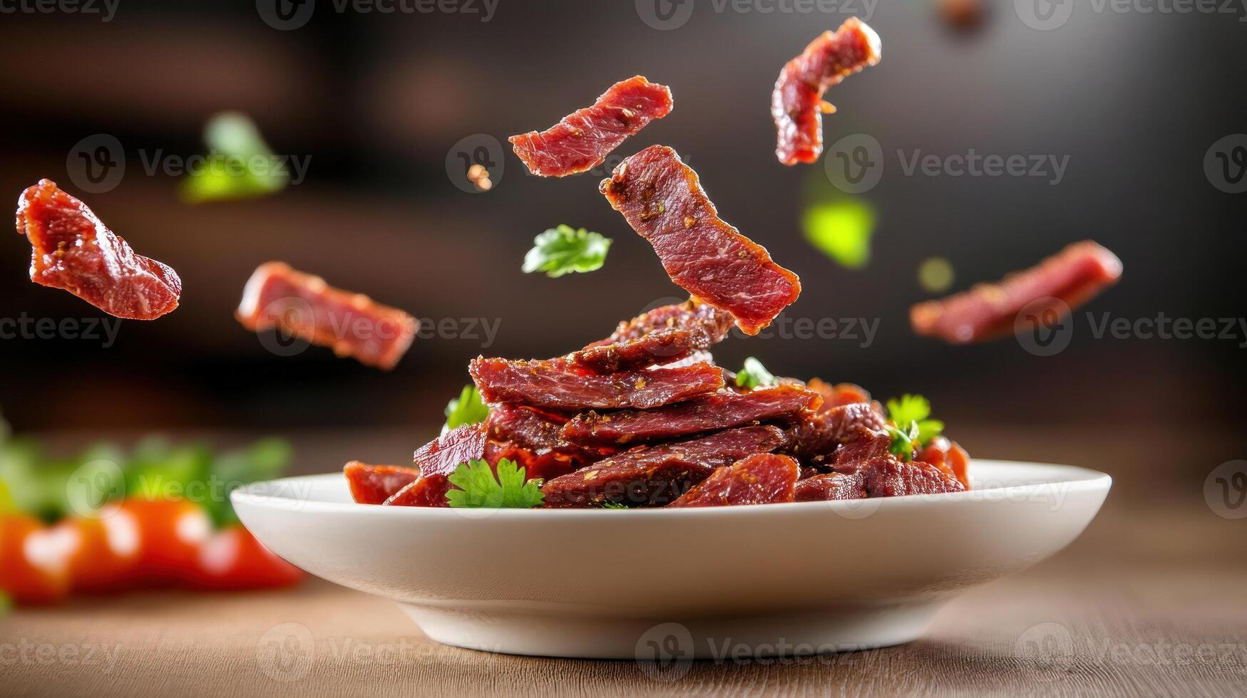 Slices of jerky piled on plate with herbs, tomatoes around, with a wooden backdrop and studio setting photo