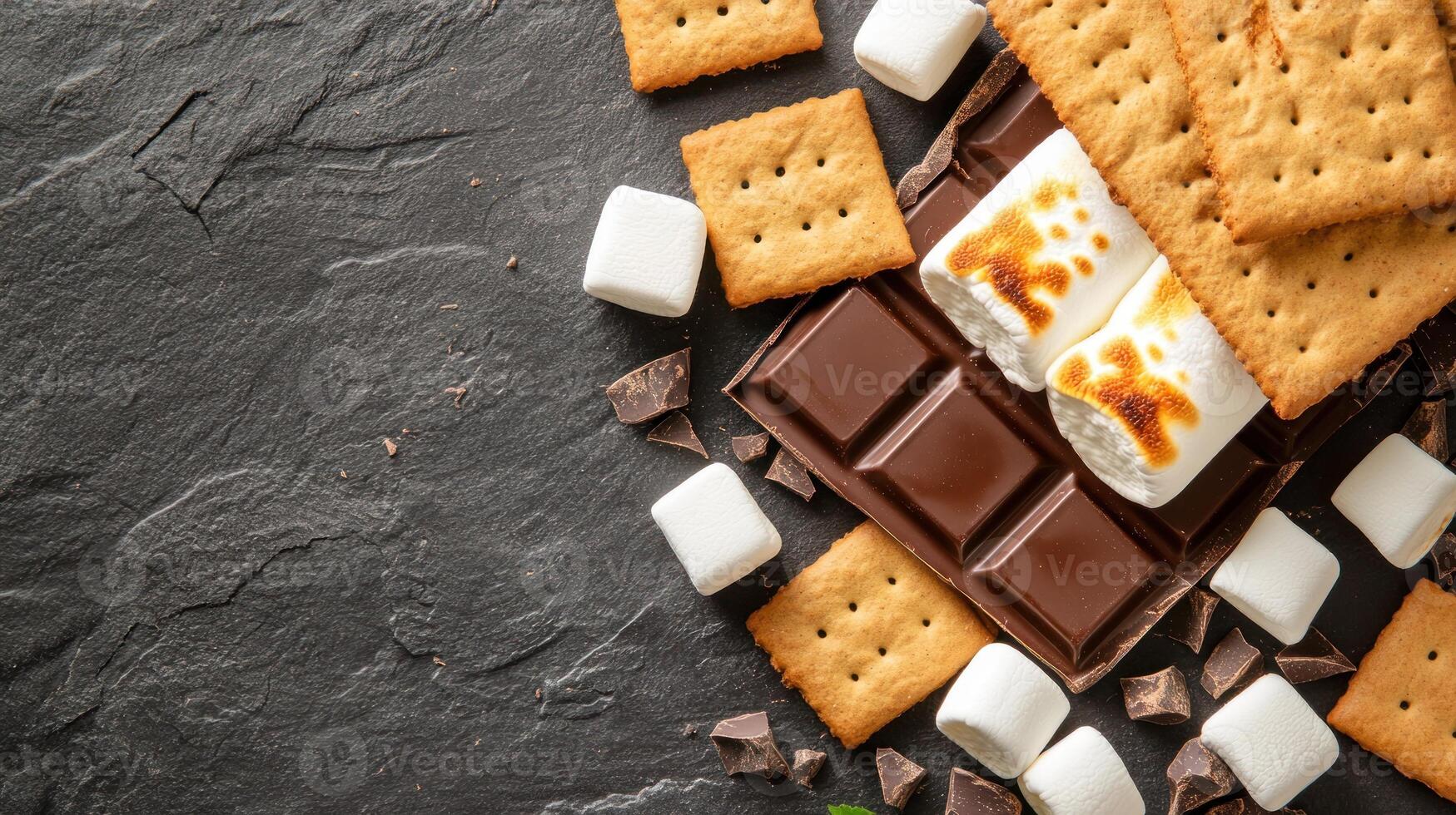 S'mores ingredients arranged on a black slate, ready for a campfire treat photo