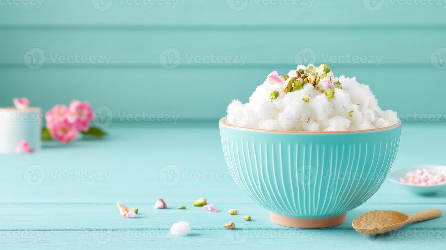 Snow cone dessert with pistachios, on blue table with flowers for a sweet summertime snack photo