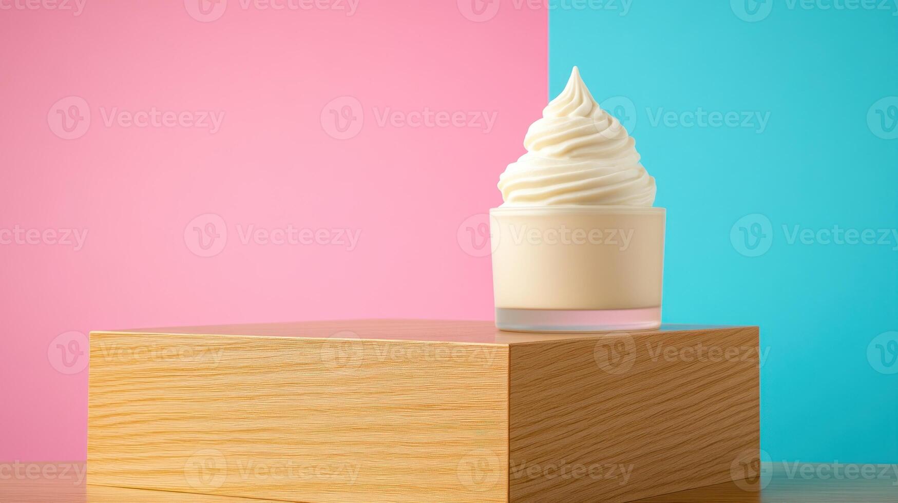 Soft serve ice cream on a platform, pink and blue background, dessert promotion, presentation photo