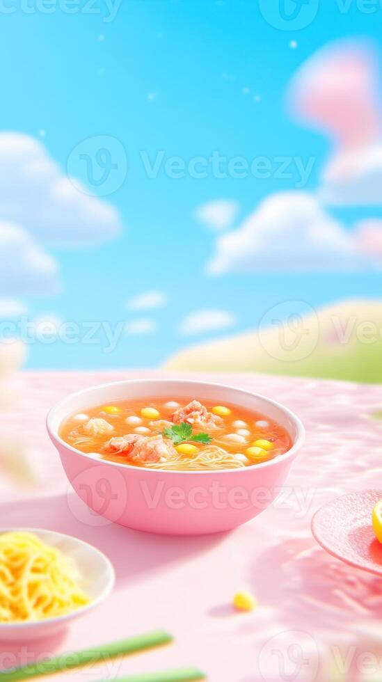 Soup bowl on a pink table with blue skies and fluffy clouds for a cheerful cartoon look photo