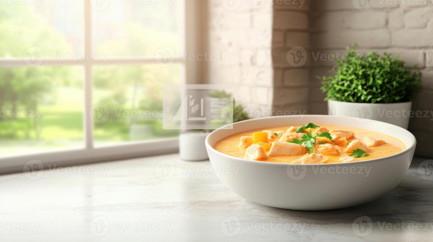 Soup bowl on counter at home, a meal prep idea with greens and natural light background photo