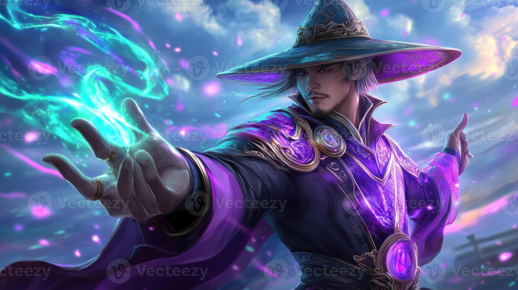 Sorcerer casting a spell near a village using fantasy magic for gaming or illustration photo