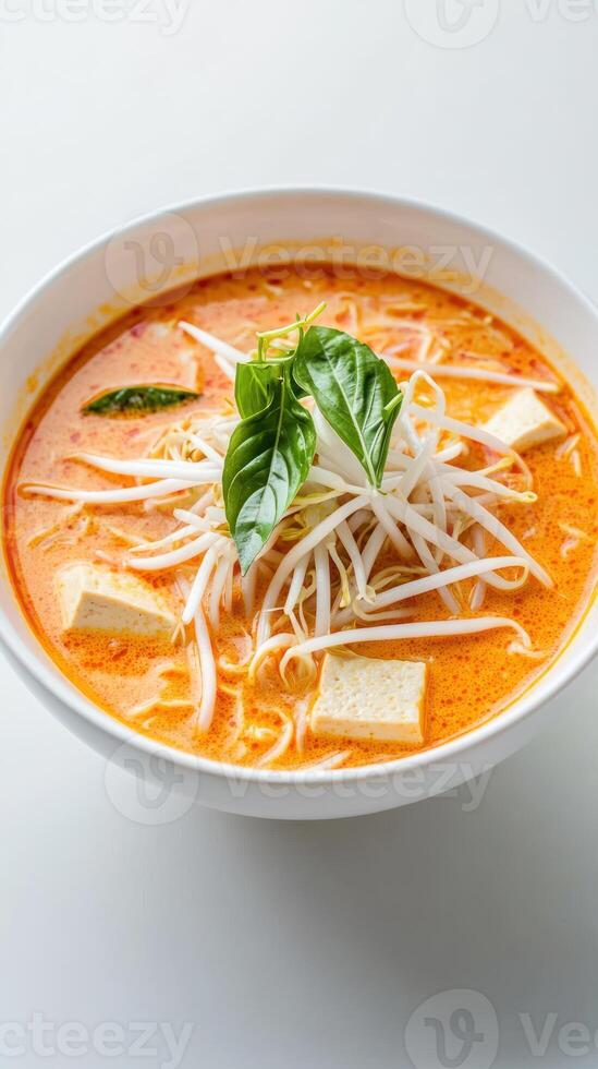 Soup Curry Laksa in white bowl. Tofu, sprouts, herbs floating in broth. Food blog, menu item photo