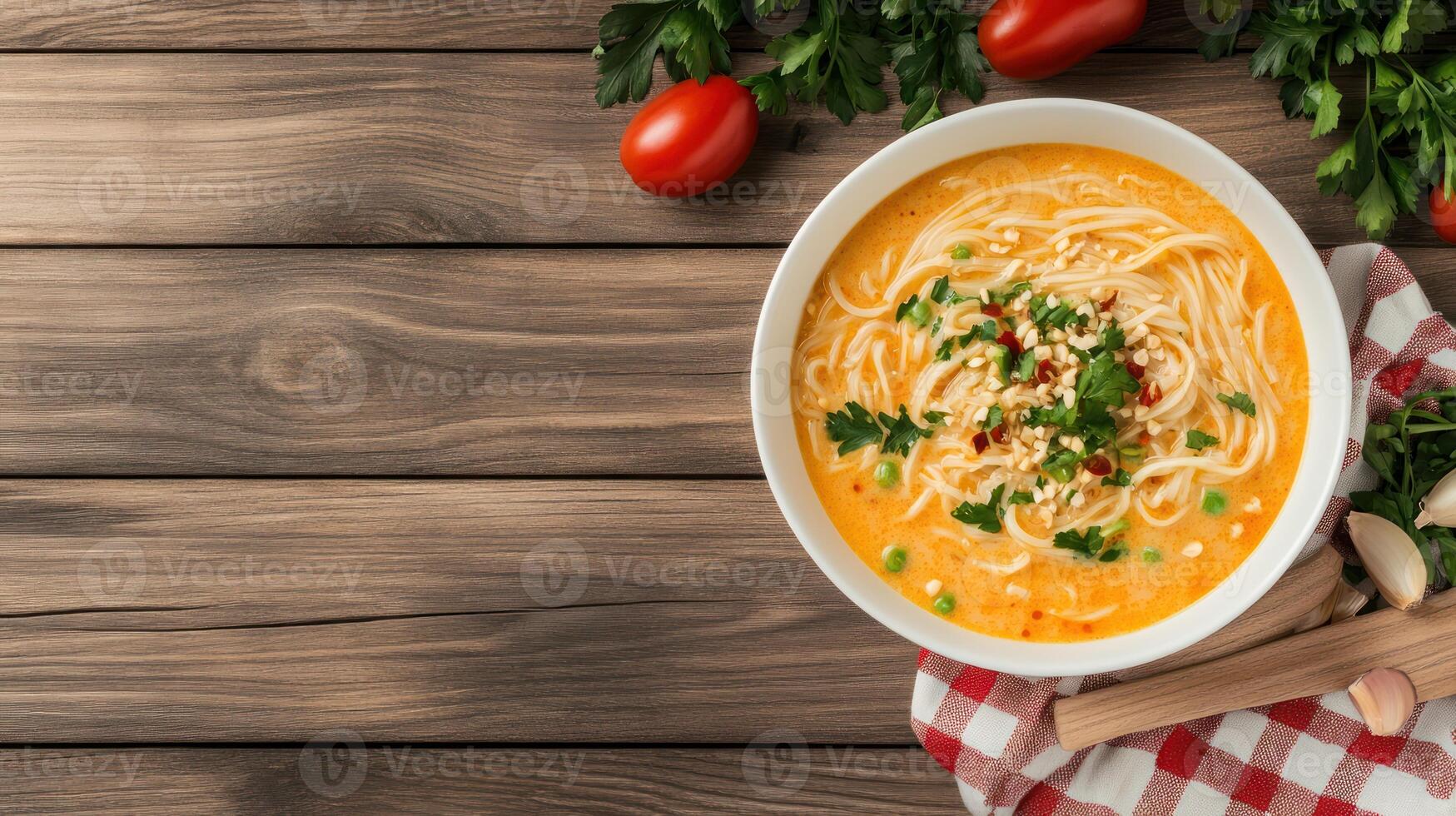 Soup noodles, parsley on wood surface near tomato. Eating at home. Cozy feel background. Possible food blog photo