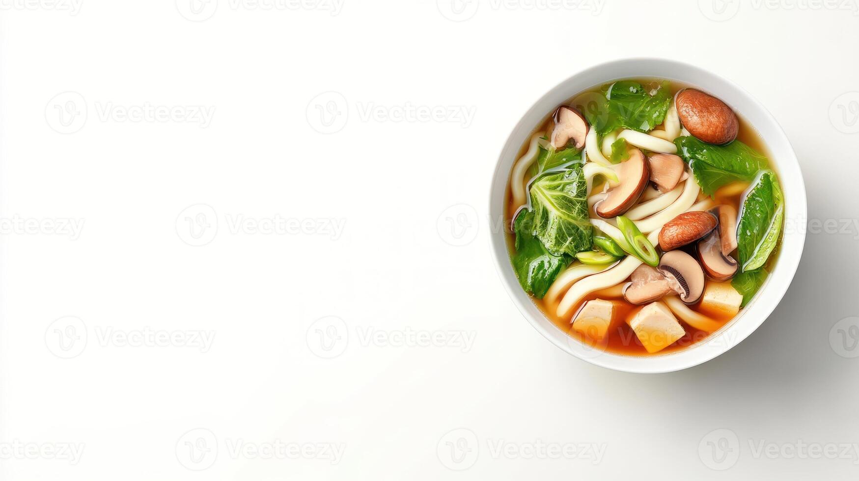Soup with noodles and mushrooms. Nutritious meal served on a plate. Tabletop photo
